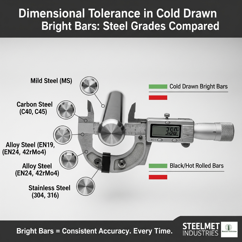 Dimensional tolerance comparison of cold drawn bright steel bars made from low carbon, medium carbon, high carbon, alloy, free cutting, and spring steels.